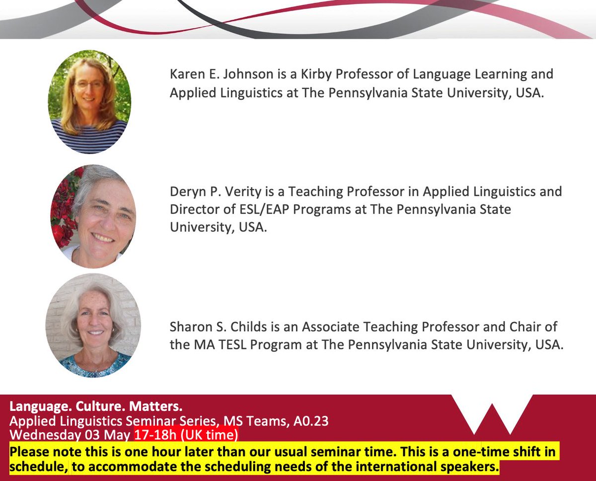 Prof. Karen Johnson, Prof. Deryn Verity and Prof. Sharon Childs will be our #AppliedLinguisticsSeminar speakers today Wednesday 3rd May, 5-6 pm!

💻To join online, register here: bit.ly/41pSulz