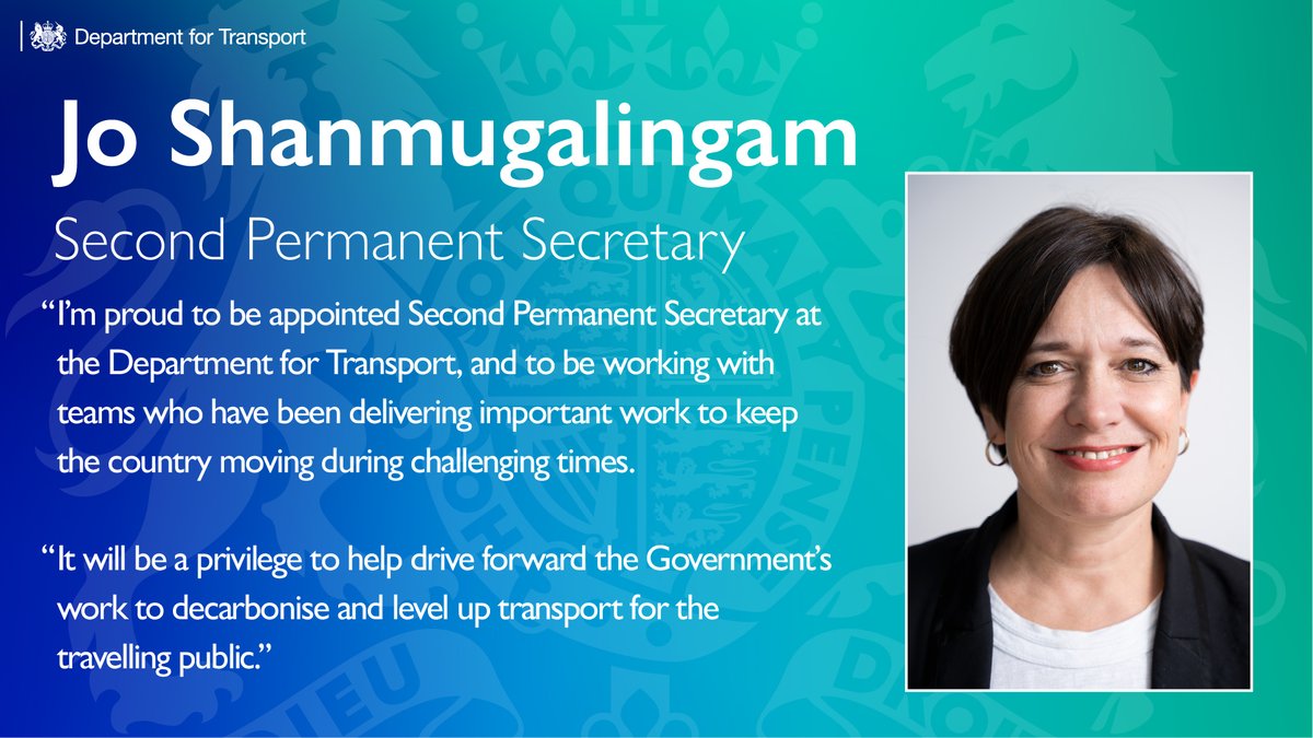 We are delighted to welcome Jo Shanmugalingam to the Department for Transport as Second Permanent Secretary. 🔗 gov.uk/government/new…