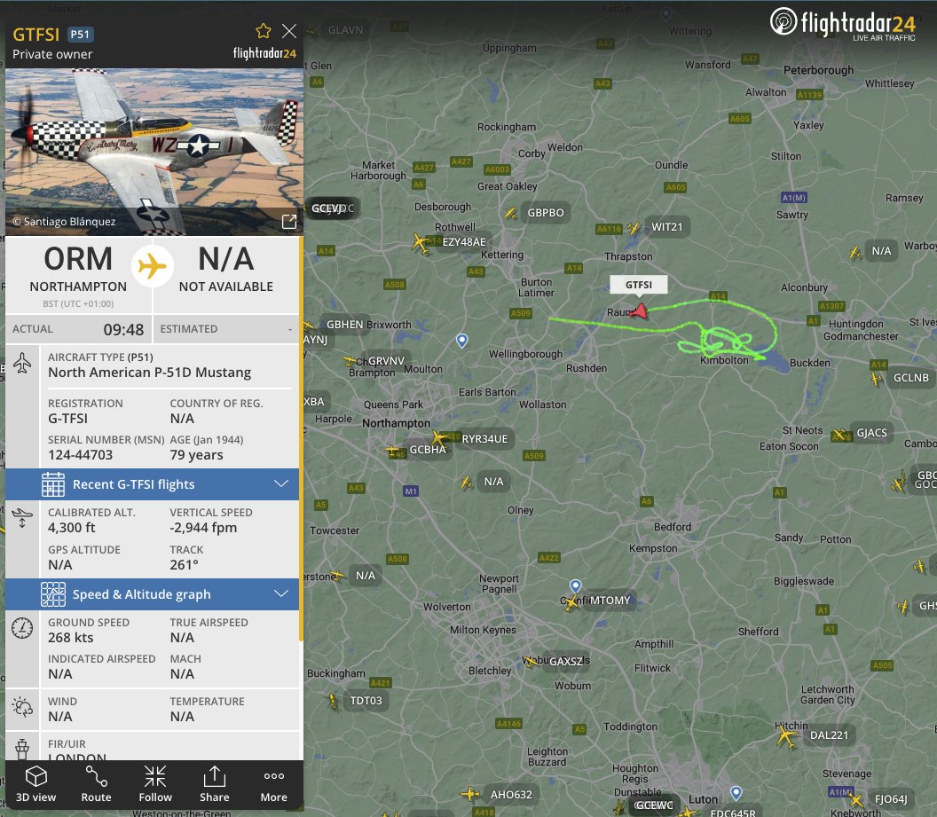 P51 Mustang, built in 1944, manoeuvring above #Kettering, England right now.