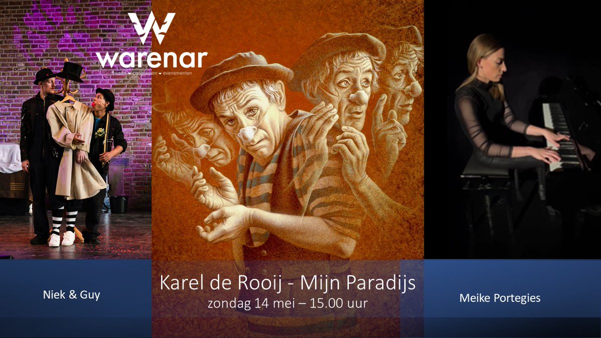 Karel de Rooij beidt jonge talenten een podium op zondag 14 mei in #Wassenaar! Illusionisten duo Niek &amp; Guy en Meike Portegies, multi-instrumentalist en salsadanseres, geven een kort optreden deze middag. Kaarten warenar.nl of bel de Warenar 070 511 8382