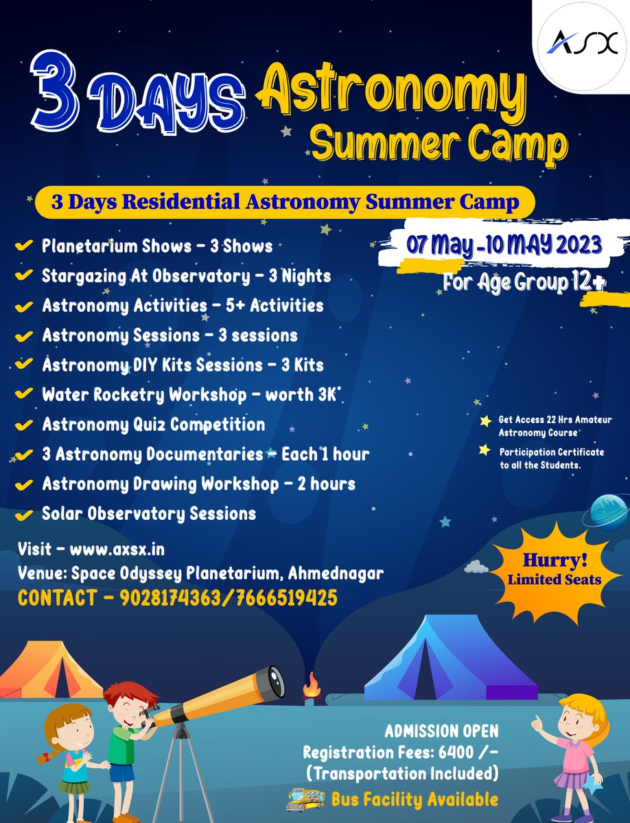 3-Day Residential Astronomy Summer Camp 

✔  - axsx.in/summer-camp-20…
📲  9028174363 / 7666519425

#summercamp #kidsactivities #kidscamp #kidscamp2023 #SummerCamp2023 #summercamppune  #activitiesforkids #summercampforkids  #maharashtra  #ahmednagar #mumbai  #pcmc  #Pune