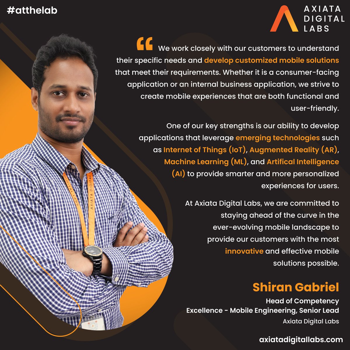 ADL_atthelab's tweet photo. Introducing our #mobile #expert, Shiran Gabriel, the brains behind our game-changing #mobileengineering department at Axiata Digital Labs! 📷
Hear what it's like #atthelab and the top-notch app #development to jaw-dropping user experience design, our #team utilizes. https://t.co/5skBWU3QrF