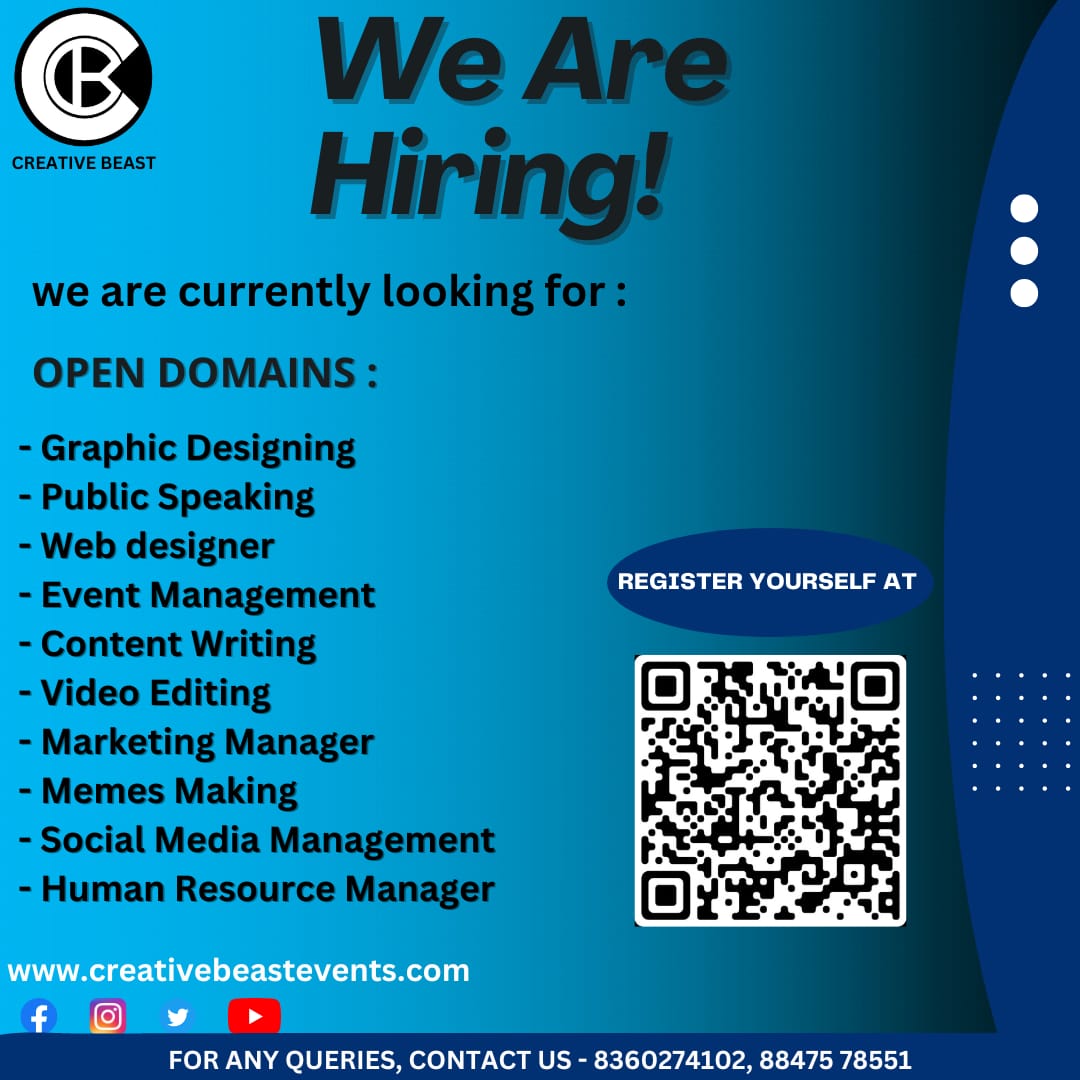 CreativebeastE1's tweet photo. At Creative Beast, we welcome diverse talents and are always in search of creative minds who can be part of our growth journey.
Graphic Designing
Public Speaking
Web designer
Event Management
Content Writing
Video Editing
Marketing Manager
Memes Making
Social Media Management https://t.co/I55hhGvvuo