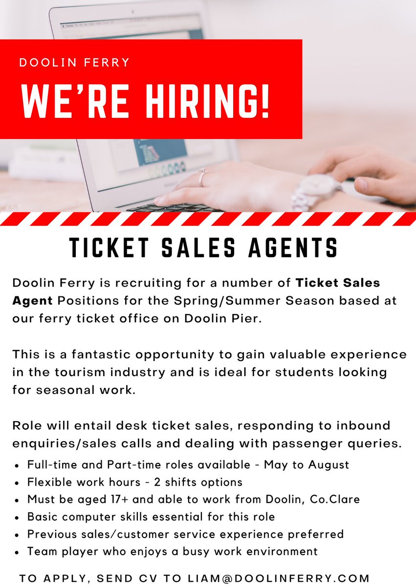 WE'RE HIRING! We are looking for ticket sales agents to join our team from May to August, based in our office in Doolin, Co.Clare. A great opportunity to gain experience in the tourism industry. If you're interested, please send your CV to liam@doolinferry.com #tourismjobs