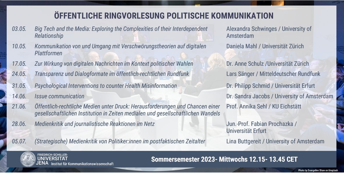 IfkwJ's tweet photo. Welcome to our first open guest lecture #PolitischeKommunikation for this summer term🏖️.
@Alex_Schwinges @UvA_ASCoR will talk about the complex relationship between big tech and the media. 📷12:15 https://t.co/o5EWghCLXY Code: 791117 https://t.co/NTrsD9UZjb