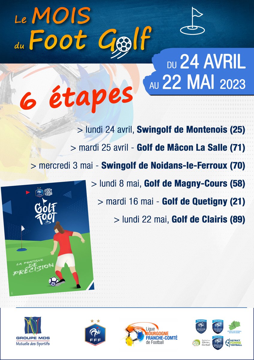 | #GOLFFOOT | Mois du Golf Foot !⛳️⚽️
Jusqu'au 22 mai, la Commission "Tous les Football et Sport Santé" organise cet événement pour valoriser le Golf Foot, avec l'appui de 6️⃣ Districts : Yonne, Nièvre, Côte-d’Or, Saône-et-Loire, Haute-Saône &amp; DTB

Info 👇
lbfc.fff.fr/simple/le-mois…