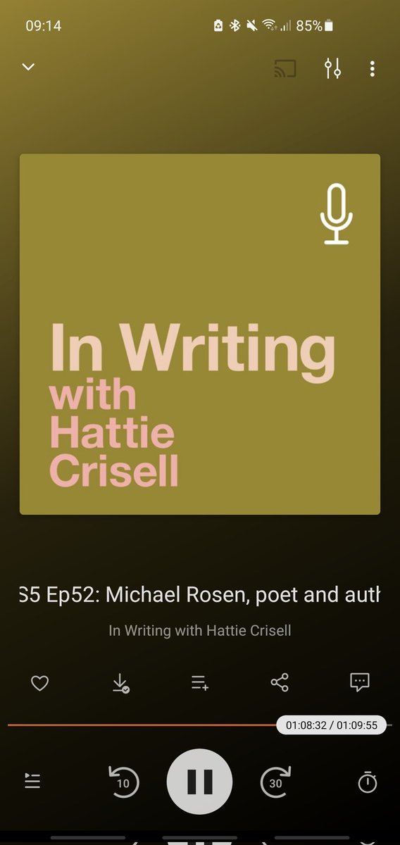 And this morning my brain has been in the excellent company of <a href="/MichaelRosenYes/">Michael Rosen 💙💙🎓🎓 NICE 爷爷</a> talking with @hattiehattie in a time-bending episode that seemed to cover more things than could feasibly fit into one hour. I laughed and cried and now I'm ready to write. Highly recommended 👂