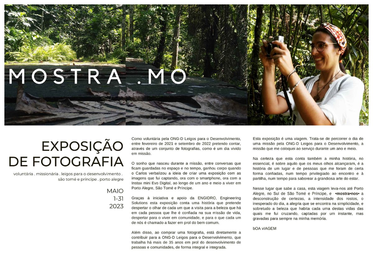 engidro's tweet photo. Hoje dia 3 de Maio inauguramos a exposição de fotografia “https://t.co/5rS4iqgxAX”, que faz um resumo da jornada diária da nossa colega Virgínia enquanto esteve na missão da ONGD-Leigos para o Desenvolvimento, em S. Tomé. 

https://t.co/MTHVANaVaX https://t.co/ETJ1rZTbFO