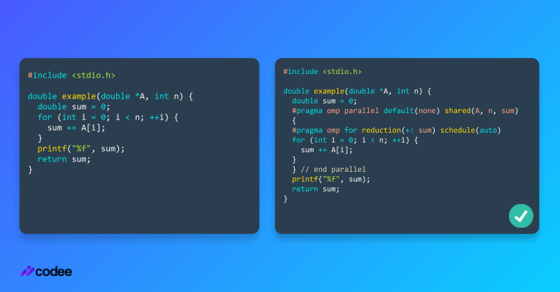 codee_com's tweet image. #CodeePerformanceTip Consider applying #multithreading parallelism to scalar reduction loop.

You must specify how to execute the loop in vector mode on the hardware, as well as add the appropriate synchronization to avoid race conditions at runtime.
🔗 codee.com/knowledge/pwr0…