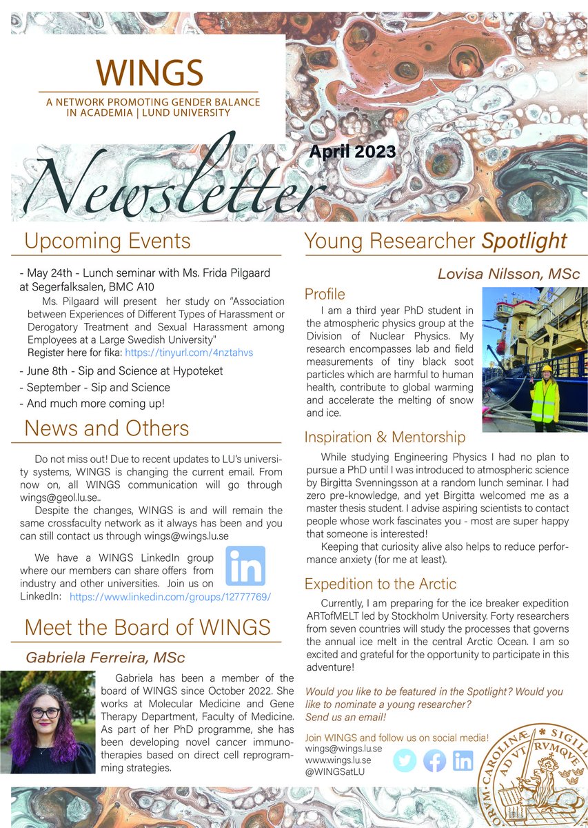 WINGS April Newsletter
We have some exciting upcoming events, sign up soon! The researcher of the month in our "Young Researchers Spotlight" section is Lovisa Nilsson
Read about her exciting upcoming ARTofMELT expedition to the artic!
<a href="/lunduniversity/">Lund University</a>
#WomenInScience #WomenInSTEM