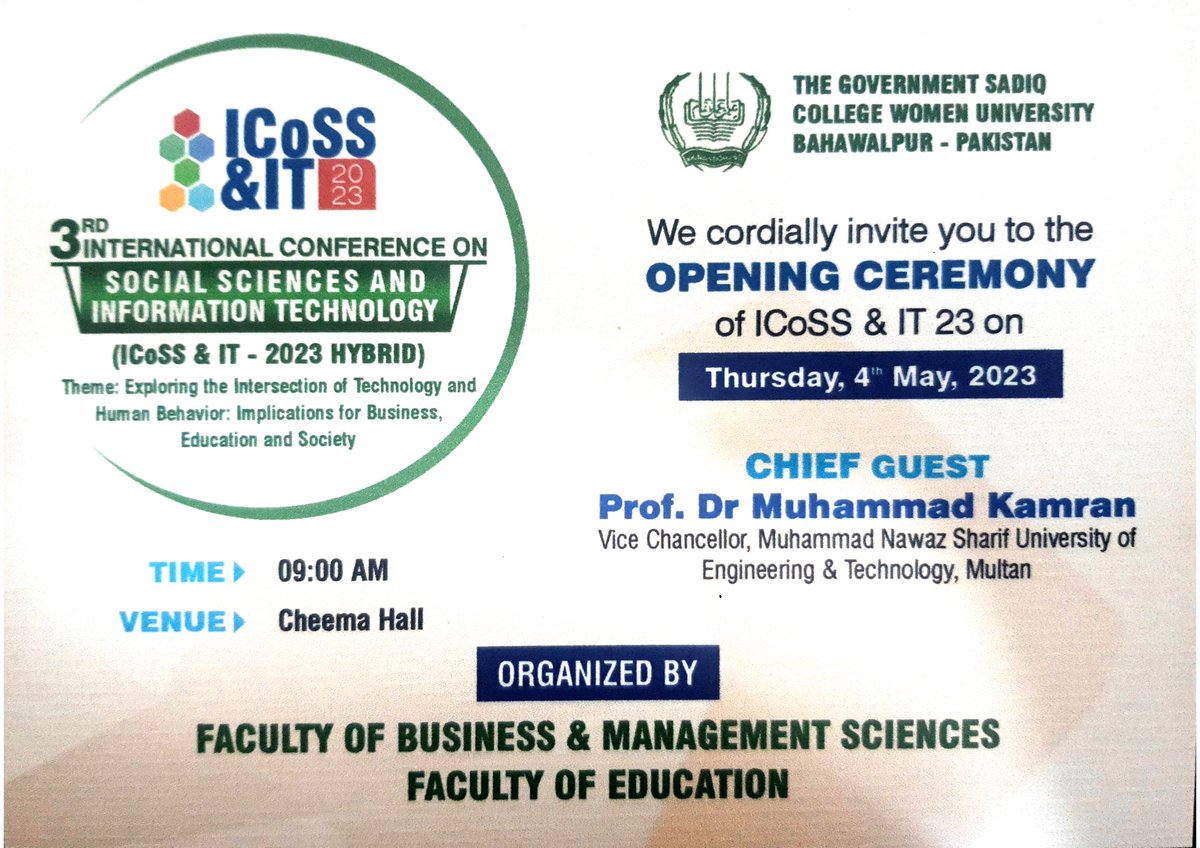 gscwuofficial's tweet photo. 3rd International Conference on Social Science & Information Technology (ICoSS&IT2023) Hybrid.
4th-5th May, 2023 at The Government Sadiq College Women University Bahawalpur Pakistan
#ICoSSIT #GSCWU #HEC #PHEC https://t.co/RIOHGCd7wK
