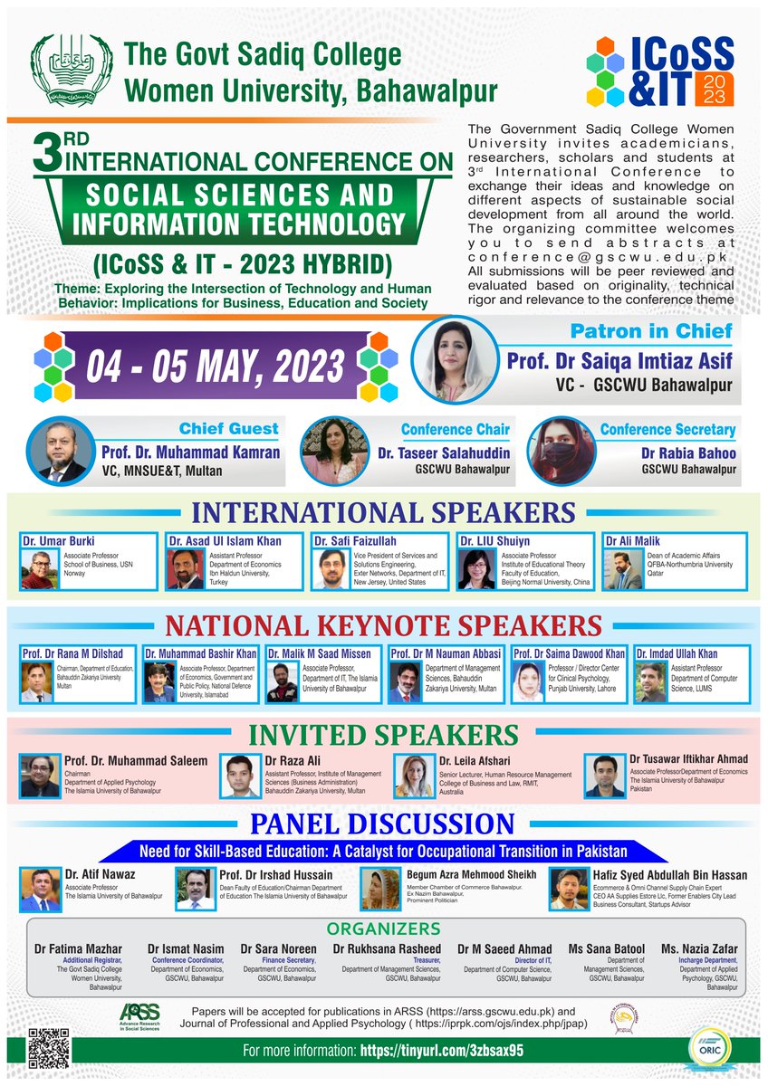 gscwuofficial's tweet photo. 3rd International Conference on Social Science & Information Technology (ICoSS&IT2023) Hybrid.
4th-5th May, 2023 at The Government Sadiq College Women University Bahawalpur Pakistan
#ICoSSIT #GSCWU #HEC #PHEC https://t.co/RIOHGCd7wK