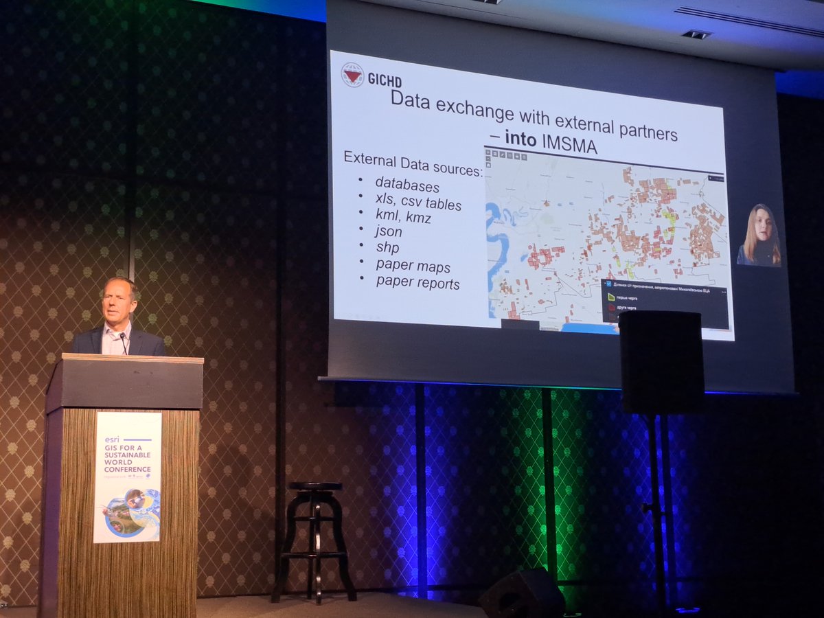 theGICHD's tweet photo. Our Information Management team and partners present from #Ukraine and #Yemen, demonstrating what can be achieved in very challenging circumstances. When geospatial technology is aligned with people and processes, the results are nothing short of magic. @Esri_Nonprofit #GIS4SW https://t.co/kKEpn00MkX