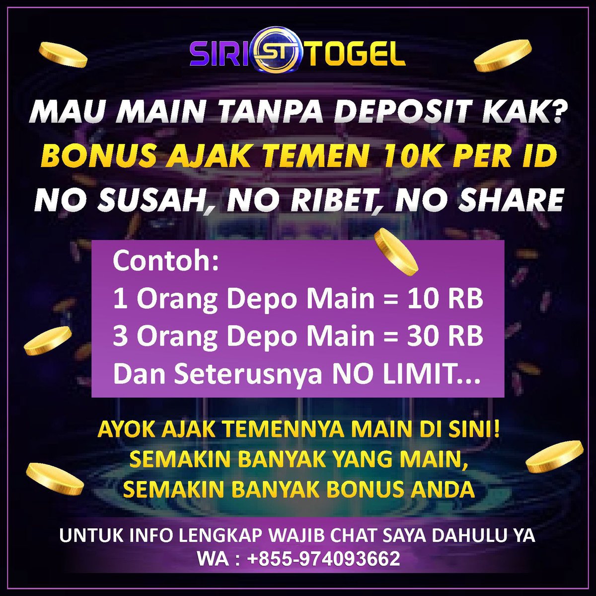 MAU MAIN TANPA DEPOSIT ??
*
BURUAN CHAT KE NOMOR WA AYU
*
JANGAN SAMPAI KELEWATAN BONUS INI
*
UNTUK SYARAT DAN KETENTUAN BERLAKU YA !!!
*
BURUAN DAFTAR PAKAI LINK AYU : heylink.me/ayusiri/
*
#siritogel #slotgacor #gatesofolympus #slotjp #pastidibayar #freebet #freechips