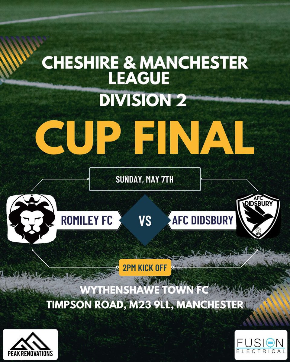 Biggest day in Romiley’s history to date coming this Sunday! Get down and support the boys as we hope to bring our first piece of silverware to Romiley!! 🏆⚽️