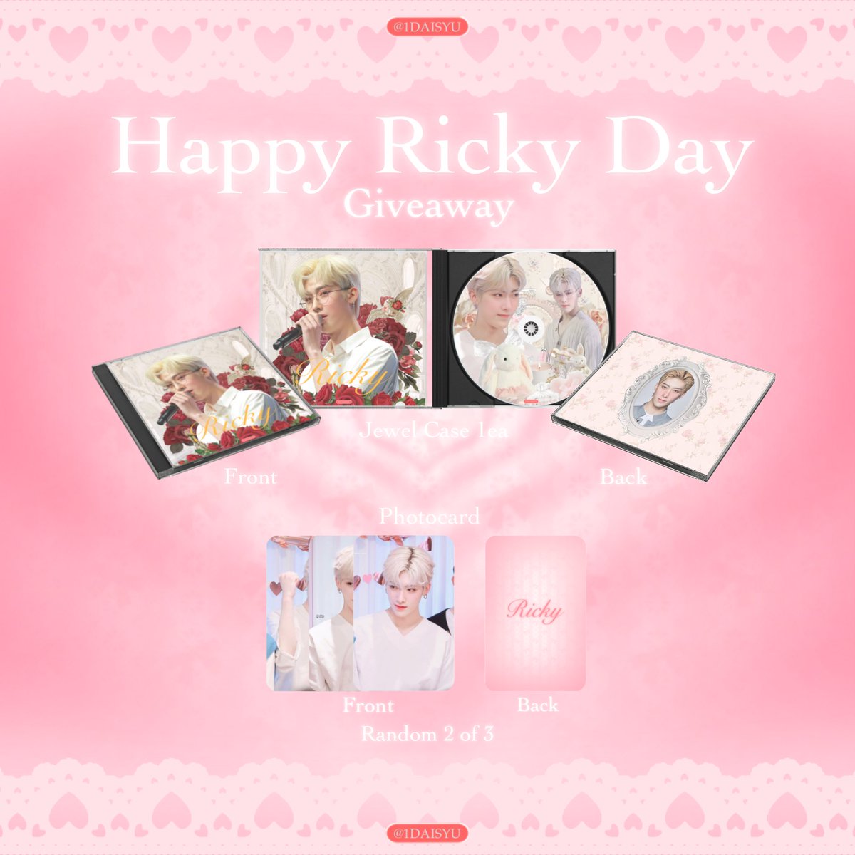 pls rt : Giveaway #HappyRickyDay ♡ ⸝⸝﹆

꒰ only 4 sets ꒱

↳ jewel case 1 ea
↳ photocard 2 ea ( random 2 of 3 )

shipping 50฿
google from ; 10 may ( 9 p.m. )

ขออนุญาตยืมแท็กนะคะ ꕀ ‧ ₊˚
#artworkนักสร้างดาว #arkworkเจโร่จึ 
#ตลาดนัดzb1 #ตลาดนัดzerobaseone #zb1