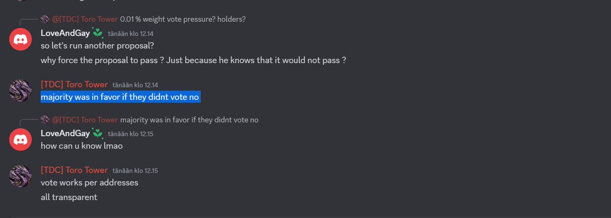 Very sad state of affairs at <a href="/Spartacus_Fi/">Spartacus (Λ, Λ)</a>. Apparently if you lose a governance vote with 100% of token holders voting against, you can then claim that voters who didn’t vote were for the proposal and then just do it anyway. This is not what dao’s were meant to be