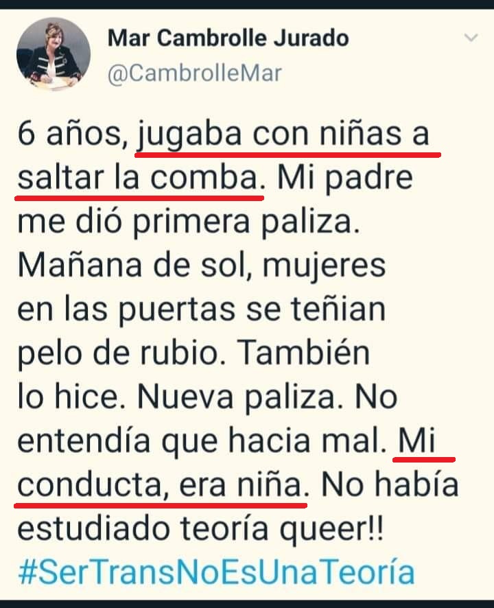 1950 - Sección Femenina - Pilar Primo de Rivera: SI ERES  NIÑA HAS DE JUGAR A LA COMBA

2023 - Federación Plataforma Trans - Mar Cambrollé: SI JUEGAS A LA COMBA HAS DE SER NIÑA

El mismo machismo con distinto collar (de perlas).