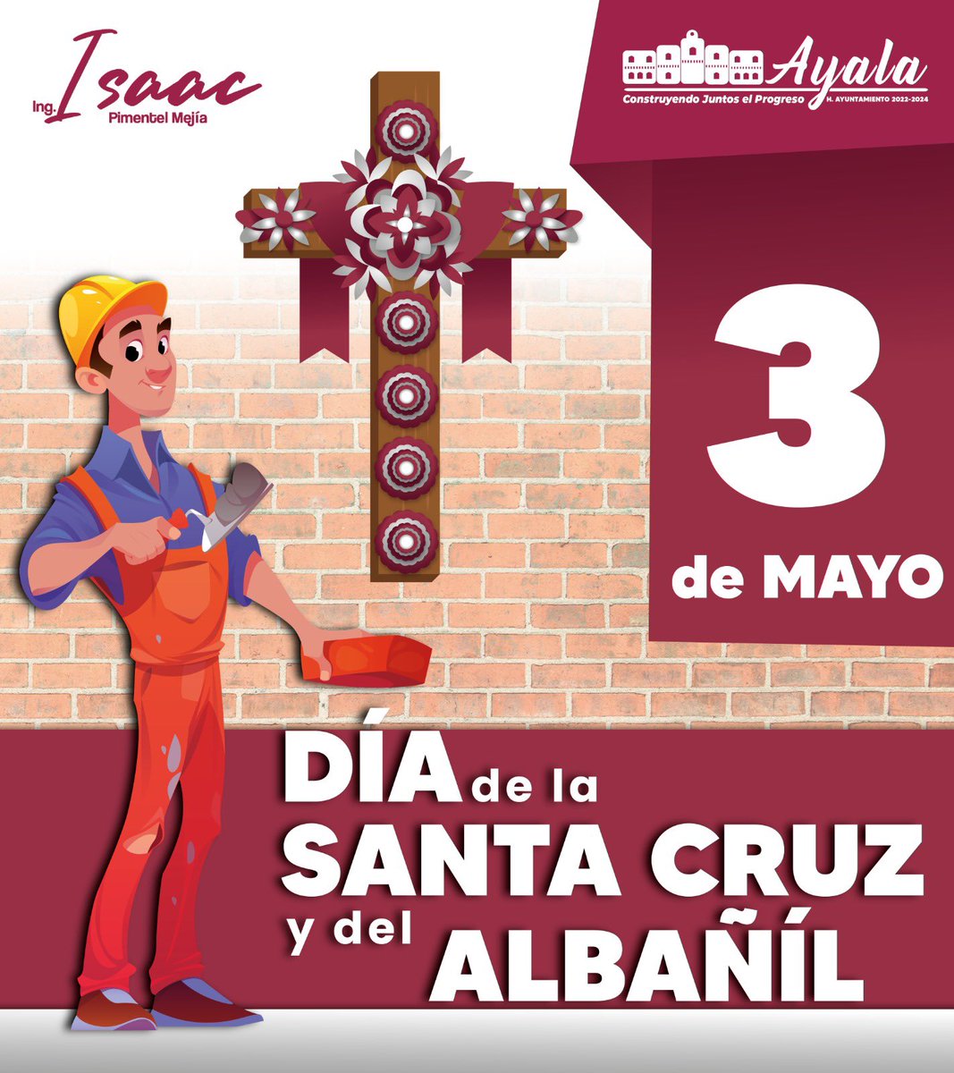 Hoy 3 de mayo festejamos el Día de la Santa Cruz y del albañil. Muchas felicidades compañeros y trabajadores de la construcción, grandes mujeres y hombres que con su arduo trabajo participan en la construcción de México. Felicidades por su gran labor.