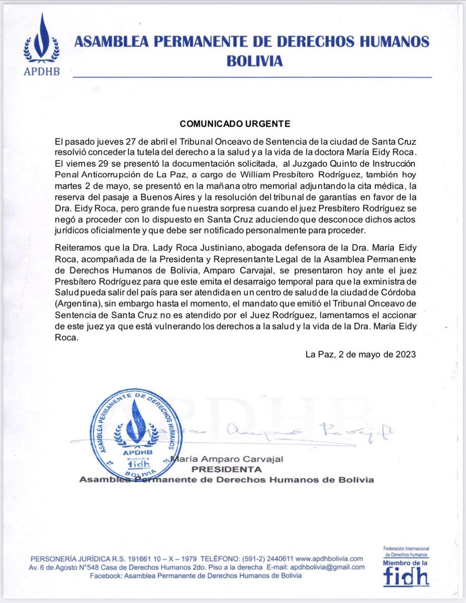 Donde está su promesa de no poner obstáculos presidente? Pasaron 3 días hábiles y aún el juez Presvitero Rodriguez no acepta la notificación en La Paz. Voy a perder nuevamente la cita médica. No jueguen con la vida. No desafíen a la justicia Divina. La verdadera.