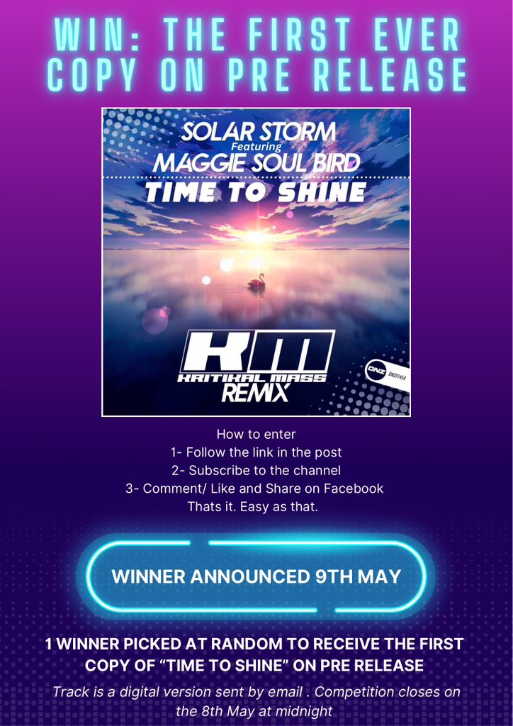 Competition: WIN the FIRST copy of Time To Shine (Kritikal Mass Remix) on pre release . Follow the instructions below for your chance to own this never before heard version before it’s general release on May 10th on DNZ Records

Here is the link ; 

youtu.be/kcW6-jcXcxI