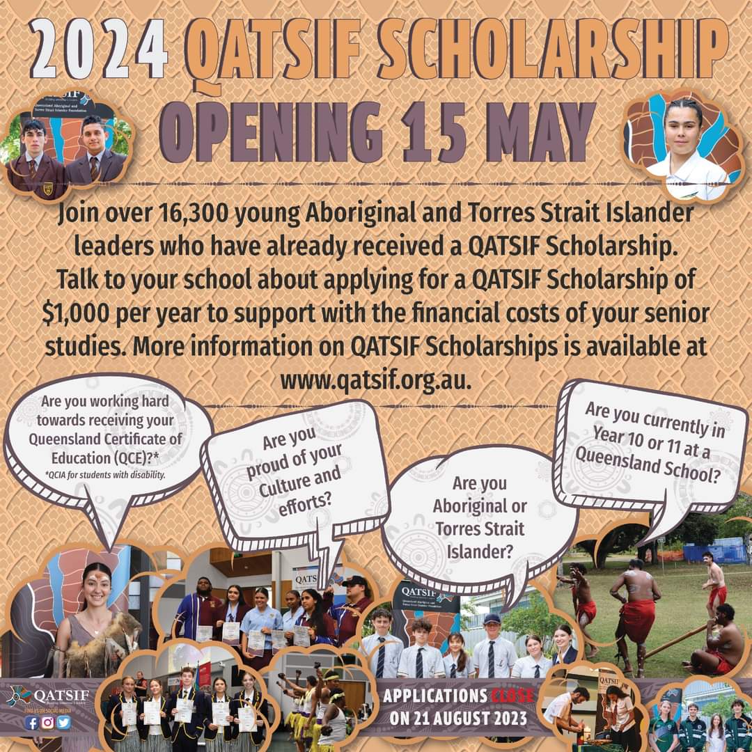 QATSIF's tweet image. Our 15th Round of QATSIF Scholarships are opening soon for applications from current Year 10 and 11 First Nations students in all Queensland schools.

Our QATSIF Scholarships currently support over 3900 Queensland First Nations students.