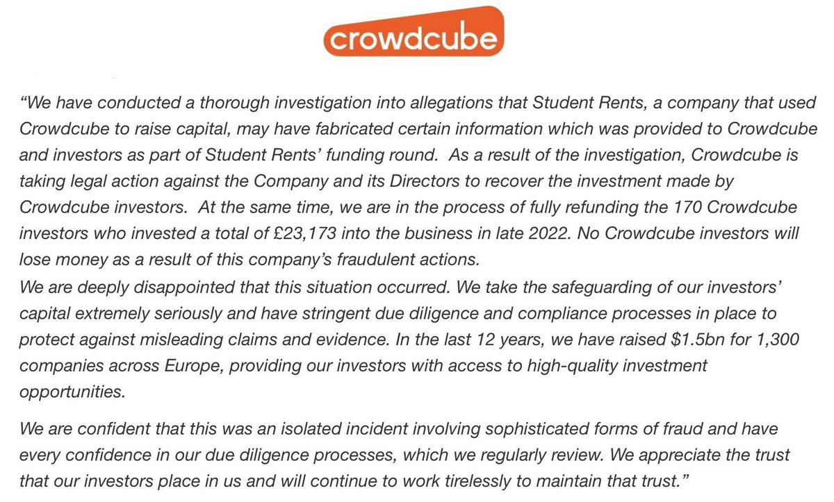ianbeckett's tweet image. 3/ &amp;amp; ‘added to the total’, ‘allowing #StudentRents to meet its Crowdcube fundraising goal + access the £23k pledged’.  #CrowdCube reportedly said “it subsequently emerged that at least some of this extra investment was fabricated”.