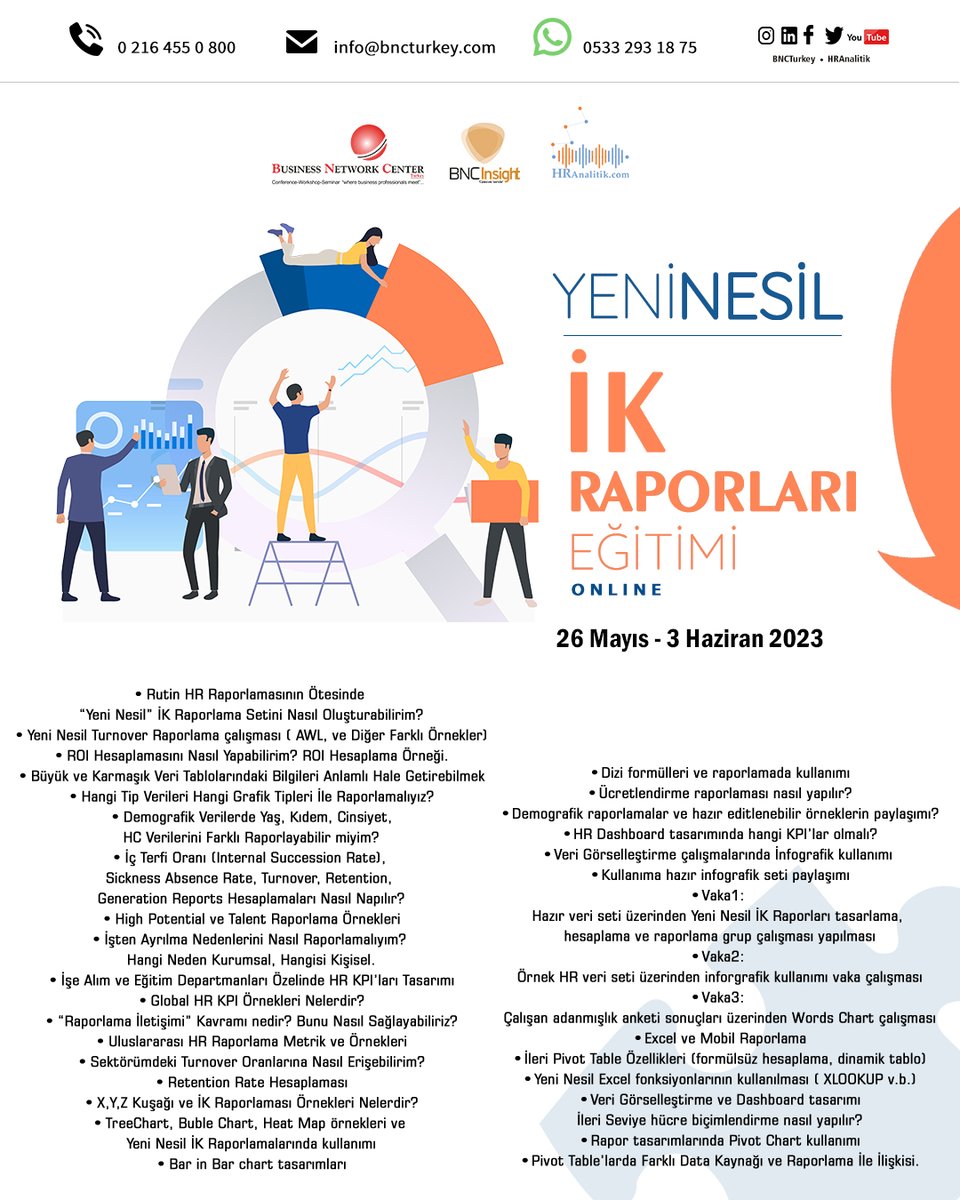 BNCTurkey's tweet photo. 🆕 Yeni Nesil İK Raporlama Eğitimi 20 Mayıs &amp; 3 Haziran tarihlerinde açılıyor.

📚~ 500'den fazla yerli ve yabancı firmanın katıldığı eğitimlerimize kayıt için linke  

https://t.co/Jx3mdwem72

#insankaynakları #ikuzmanı #ik #KPI #ikanalitik #raporlama #excel #powerbi #reporting https://t.co/BOhU1dKMhP