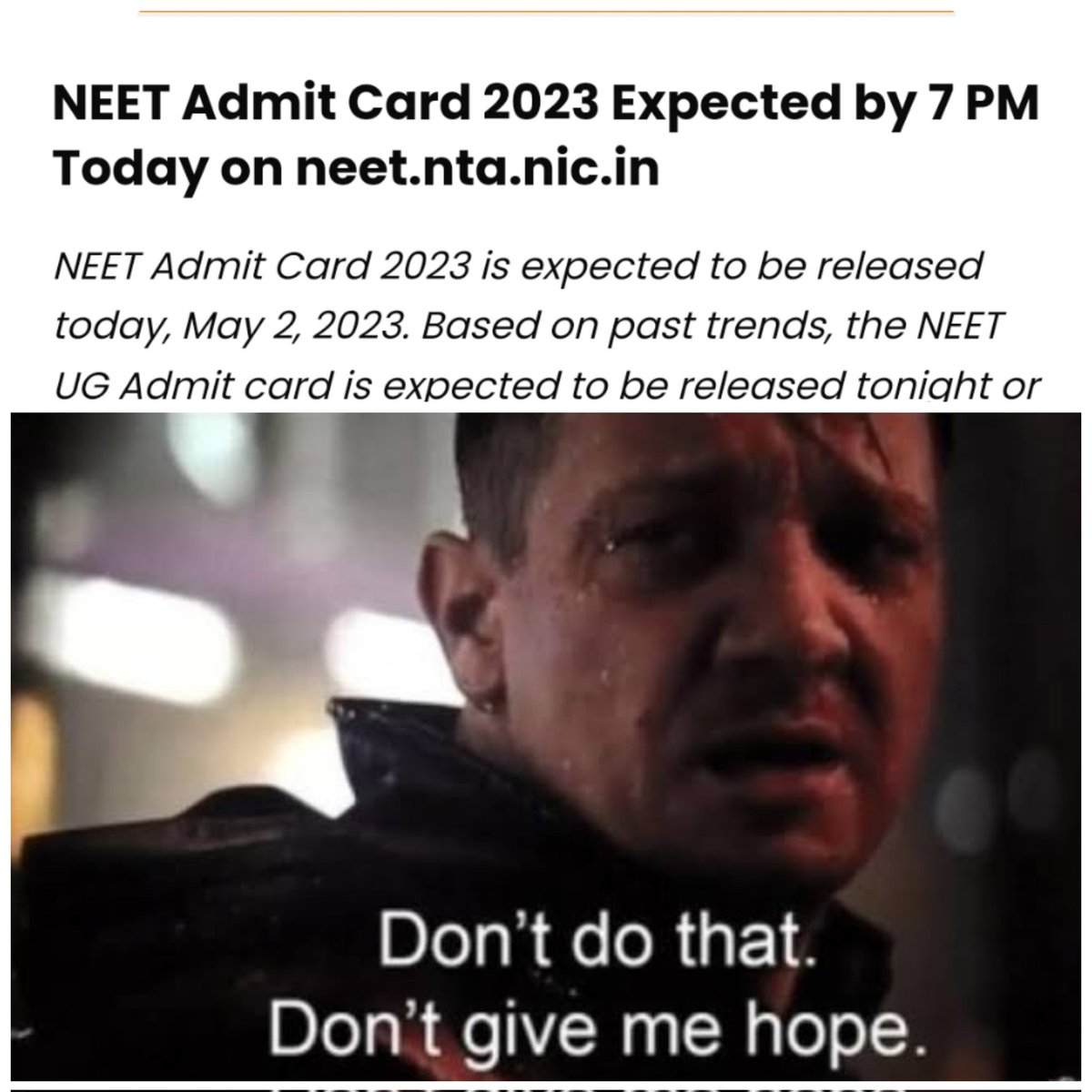 ChangeMakersOf3's tweet photo. Neet Ug Admit card
#NEETUG2023POSTPONE #NEETUG2023 #neetugpostpone #NEETUG #neetpg2023 #neetadmitcard https://t.co/ngk5hRh3RW