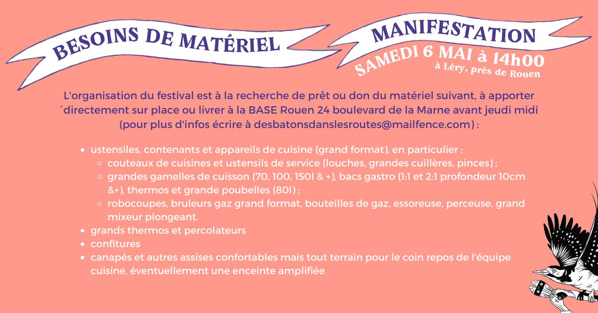 Nonalautoroute's tweet photo. ✨ BESOINS MATOS ✨

On recherche des prêts et dons de matériel divers, à apporter directement sur place à partir de jeudi midi, ou à déposer avant à La BASE Rouen

🐿 Écrivez à desbatonsdanslesroutes@mailfence.com

#NonA133A134 #NOMACADAM https://t.co/DHeLL1nYIV