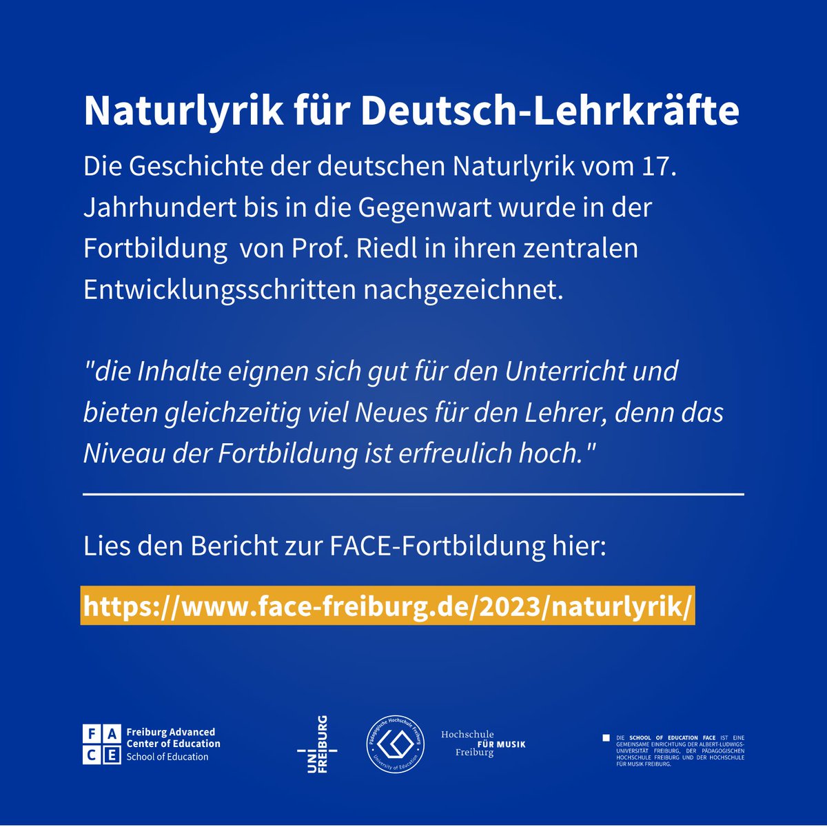 Naturlyrik aus einer anderen Epoche zu lesen und zu interpretieren ist schwierig. Daher gab es eine Fortbildung zur Naturlyrik.
Den ganzen Bericht kannst du auf der FACE-Website nachlesen: face-freiburg.de/2023/lehrkraef…
Merci an den Referenten Prof. Dr. Peter Philipp Riedl
#twlz #edubw