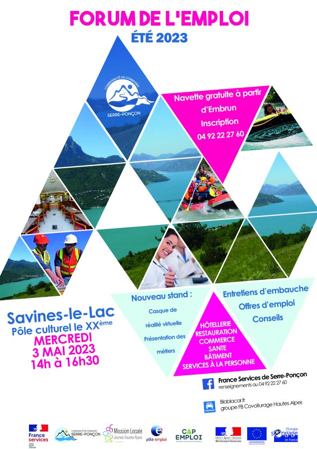 CibcAp's tweet image. [Forum de l&apos;emploi - Serre-Ponçon]

Retrouvez-nous, de 14h00 à 16h30, à la 10éme édition du forum emploi d’été, organisé par l&apos;espace France Services d’Embrun, avec ses antennes de Savines le Lac et de Chorges, en partenariat avec Pôle Emploi, Mission Locale 05, et Cap Emploi