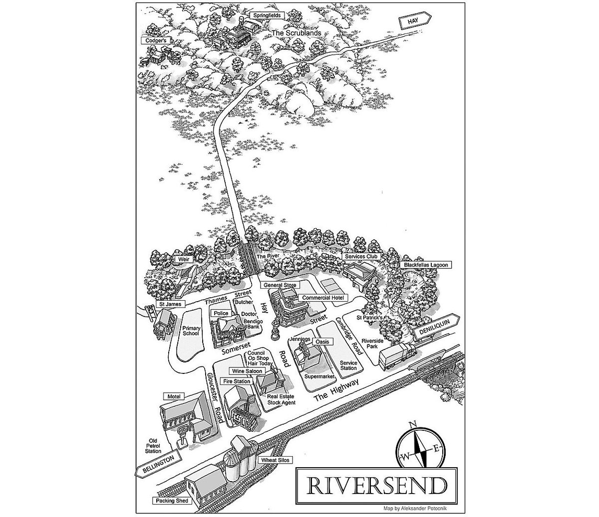 BeastiesForever's tweet photo. Map of Riversend: "a T-junction fitted snugly into a curve in the river, with the levee bank cosseting the town to the north and east.”
Quote and map from #ChrisHammer book 'SCRUBLAND'
👀 https://t.co/tCxLHFmHEc
#JayRyan
#Scrubland #Riversend
#photoediting https://t.co/ZIUsifrI6R