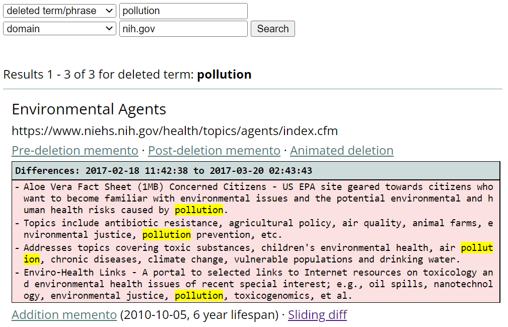 <a href="/phonedude_mln/">Michael L. Nelson</a> <a href="/weiglemc/">Michele Weigle</a> <a href="/jcdl2023/">JCDL2023</a> <a href="/WebSciDL/">WS-DL Group, ODU CS</a> Existing web archive search engines either list out every matching version of a page, cluttering the results, or group versions together, hiding changes. Our search interface allows for users to search for changes, and shows the changes between versions in the results. 2/5