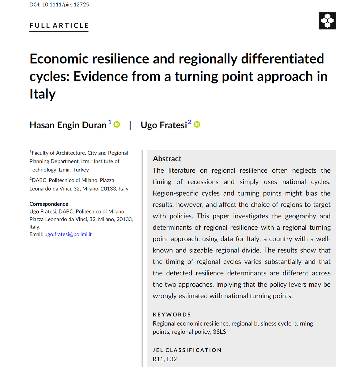 The timing of regional #cycles may vary substantially with respect to the national ones. This might affect the detected #resilience determinants and the #regions to be assisted by #regionalpolicy. Hasan Engin #Duran and I demonstrate this in a new article for Papers in Regional