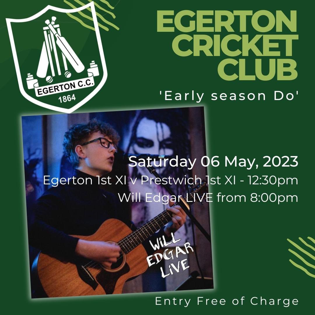 Join us this Saturday, 6th May for our first 1st XI home game of the new season followed by LIVE music from local talent <a href="/WiLLEDGARMUSIC/">WiLL EDGAR MUSIC</a> in the clubhouse afterwards. 
A great opportunity for everyone to get together and have a great day and night. 🏏🍻🥂
