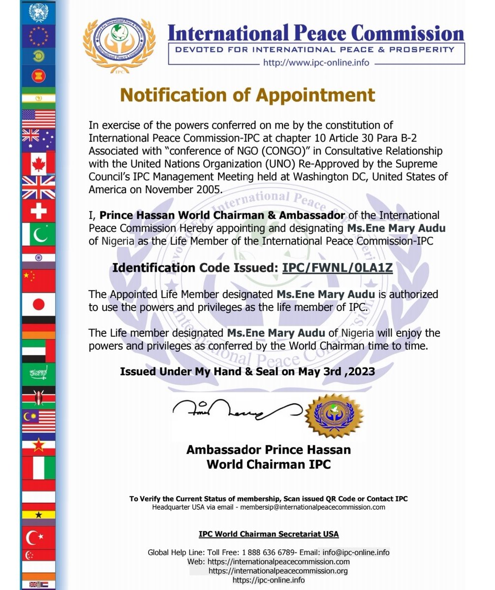 Ene_Mayy's tweet photo. I have been appointed as a life member of the International Peace Commission with all fees waived!
 It's an incredible honor for me to be a part of such a reputable organization that is committed to spreading peace and creating a better world for all of us. #peacebuilding #Peace https://t.co/PSQ1KJjmtI
