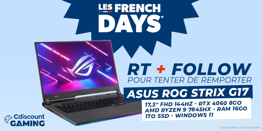 🎁 #Concours FrenchDays ! Un PC Portable Gamer ASUS ROG Strix G17 à gagner : bit.ly/3LKt0tO Pour tenter ta chance : ✔️ RT + FOLLOW @CdiscountGaming 🍀 TAS le 09/05 #CdiscountFrenchDays