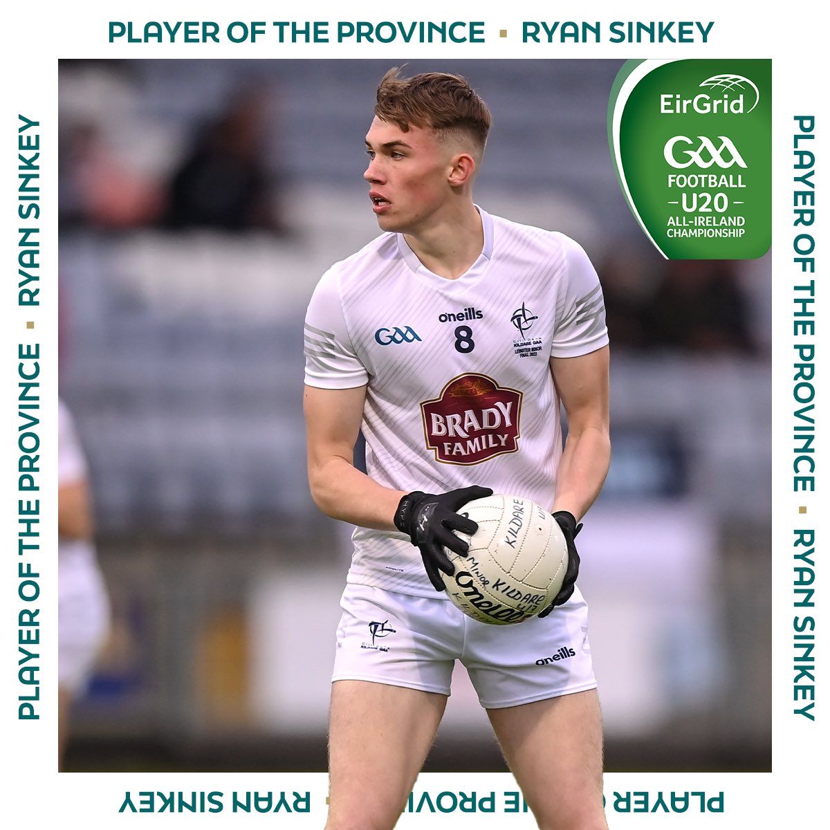 KildareGAA's tweet photo. Massive congratulations to Ryan Sinkey as he has been awarded the Eirgrid U20 Leinster Player of the Province award.

Well done Ryan, a very proud day for you and your family. 

@NaasGAA  @NaasGAA_SF https://t.co/W8QIU6oWJJ