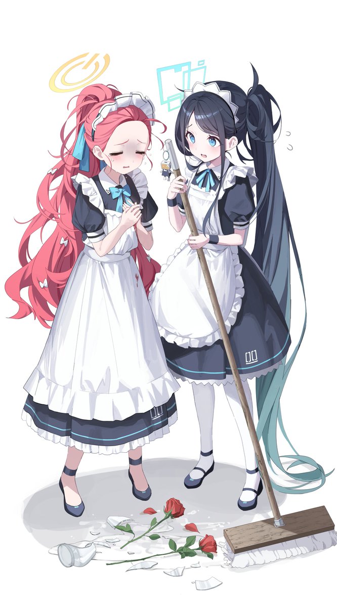 multiple girls 2girls long hair maid apron maid headdress broom  illustration images