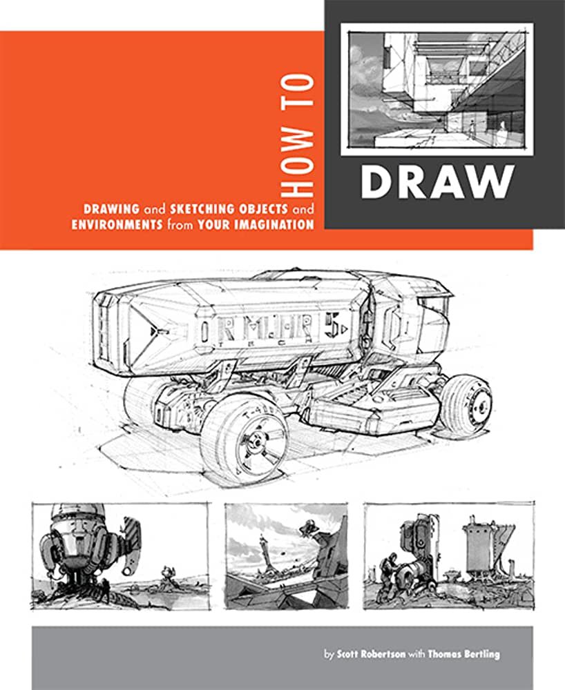 How to Draw and how to Render by Scott Robertson. The end all be all book for Hardsurface/mecha and a great book on perspective drawing. Please do not skip "how to draw" and please study it FIRST.