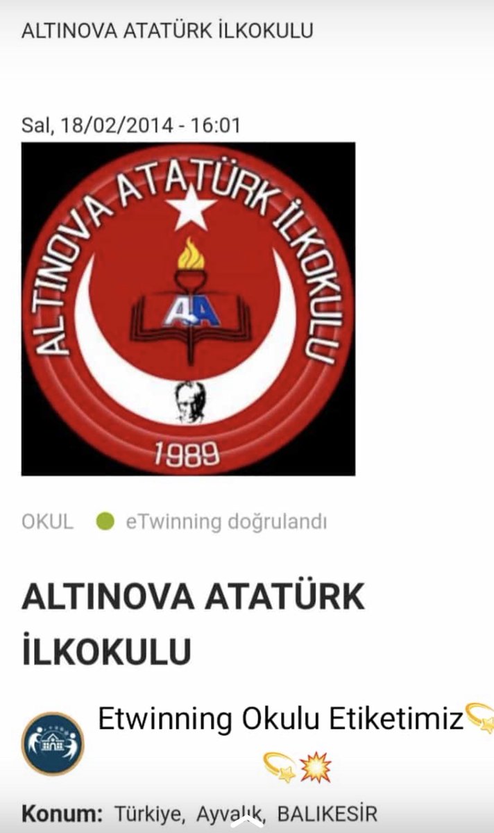 2023-2024 Donemi kapsaminda eTwinning Okul Etiketi almaya hak kazandik. Emegi gecen bastan mudur yardimcimiz Muzeyyen BULUT ERTURK olmak uzere tum ogretmenlerimizi tebrik ederiz. <a href="/ulusalajans/">Türkiye Ulusal Ajansı 🇹🇷 Turkish NA</a> <a href="/tretwinning/">eTwinning Türkiye</a> <a href="/balikesirmem/">Balıkesir İl Millî Eğitim Müdürlüğü</a> @ayvlkilcemem <a href="/ErkanBerdibek/">Erkan BERDİBEK</a>