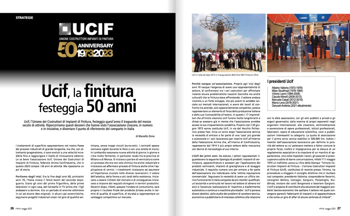 meccanica_plus's tweet photo. I 50 anni di attività di @ucif_anima, oggi punto di riferimento del comparto italiano della #finitura e dei trattamenti di superficie. Ripercorriamo insieme la storia e le tappe di questo cammino nell’articolo sul nuovo numero di #RMO di maggio.
@Fed_Anima
https://t.co/yoouU6ROZX https://t.co/t5TNlQfqDM