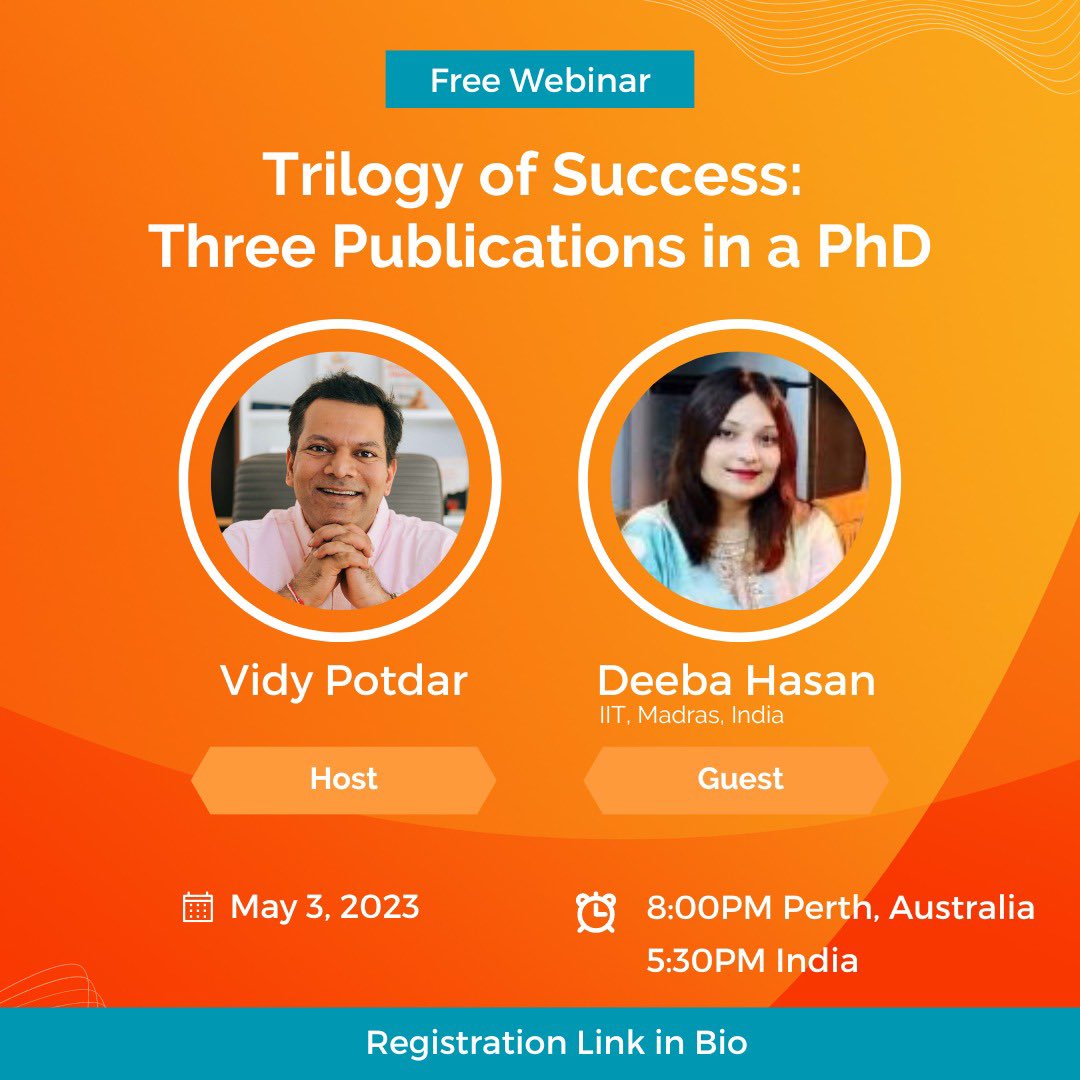 VidyPotdar's tweet photo. Link https://t.co/NDQpe3HO86 

PhD scholars, don't miss this webinar with Deeba Hasan from IIT Madras! Learn from her experiences and gain insights on the research journey, mentorship, and academic success. Register now! #PhDLife #AcademicExcellence #STEMResearch #phd #phdjourney https://t.co/aX7gYXtYQu