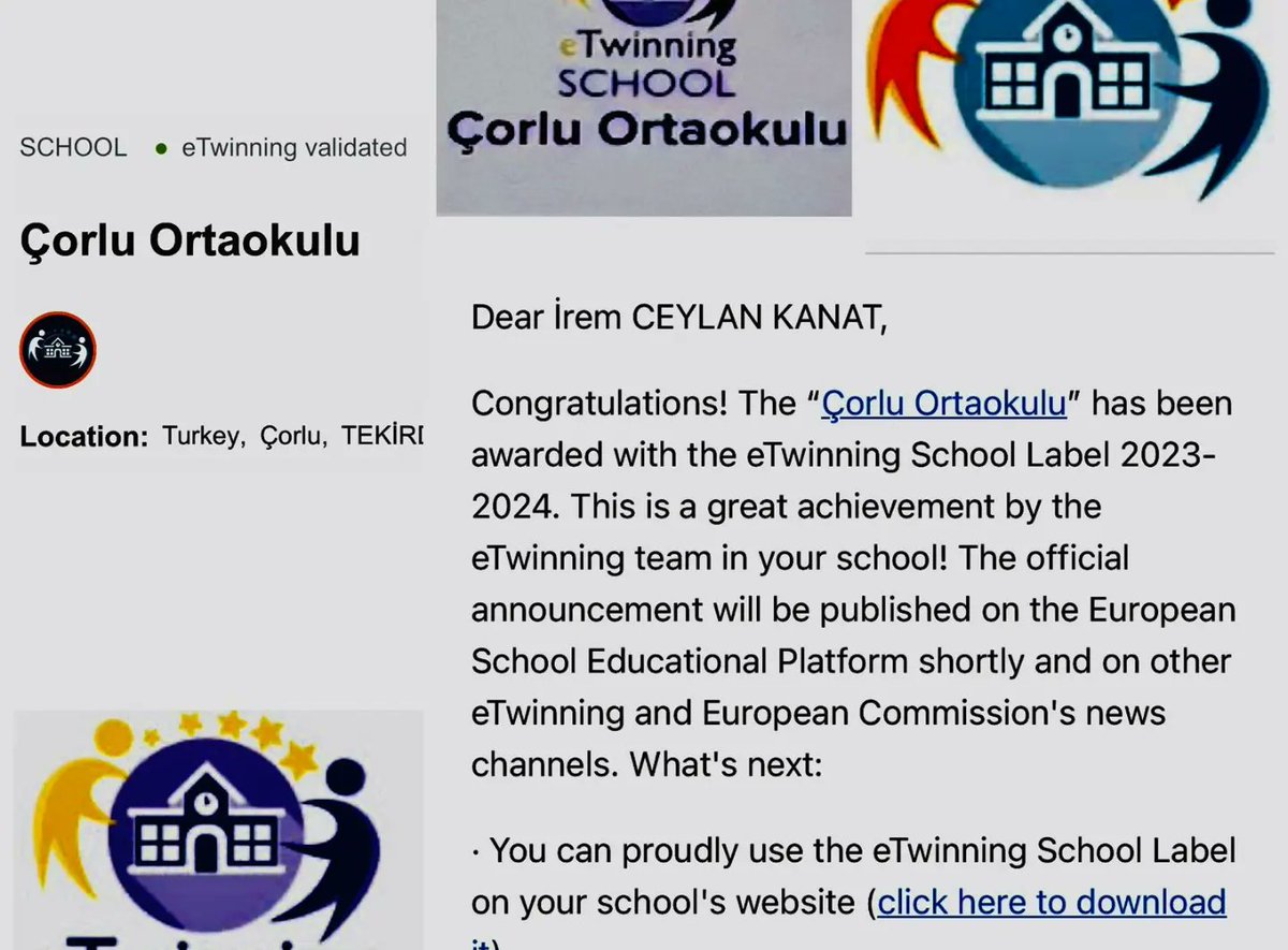 Okulumuz bir kez daha eTwinning School oldu👏🏻👏🏻👏🏻Emeği geçen öğretmenimize teşekkür ederiz <a href="/CorluMem/">Çorlu Milli Eğitim Müdürlüğü</a> <a href="/tekirdagmem/">Tekirdağ İl Millî Eğitim Müdürlüğü</a> <a href="/eTwinningEurope/">eTwinningEurope</a>