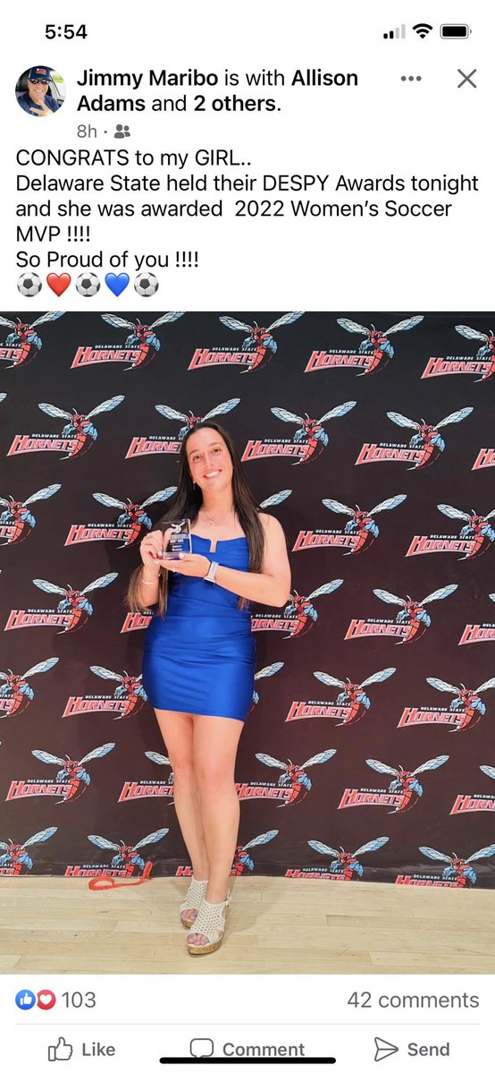 Congrats to @ashley_maribo on being named MVP at Delaware State! @BMGirlsSoccer @BMSTANGSports ⚽️🧤💪🏼🐎 @jimmyboo252