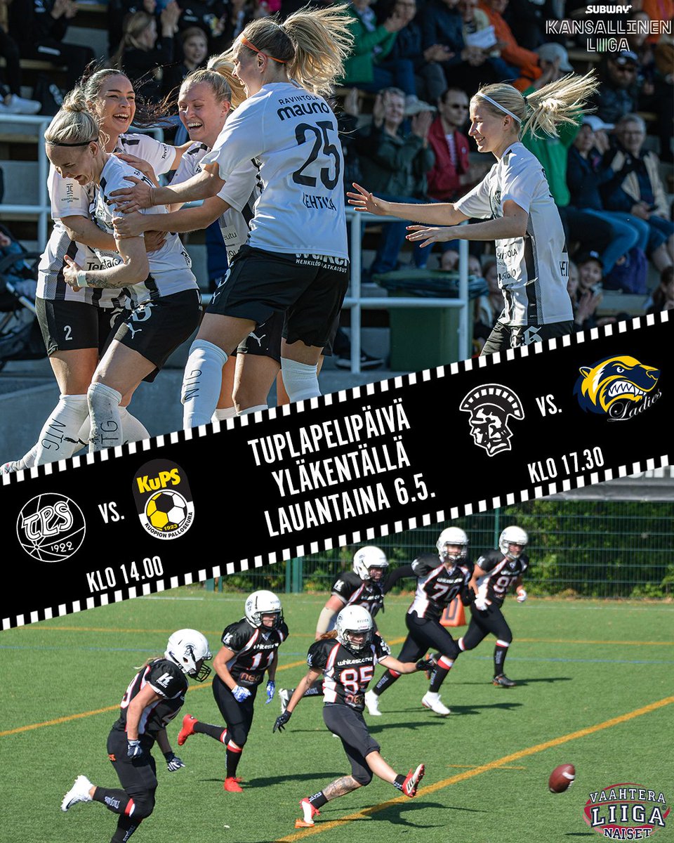 Lauantai 6. toukokuuta on tuplapelipäivä Yläkentällä! TPS kohtaa klo 14 Kansallisen Liigan huippuottelussa KuPS:n. Amerikkalaisen jalkapallon hallitseva Suomen mestari Turku Trojans avaa kauden klo 17.30 Wolverinesia vastaan.

#FCTPS #KansallinenLiiga #Naistenvaahteraliiga #Turku