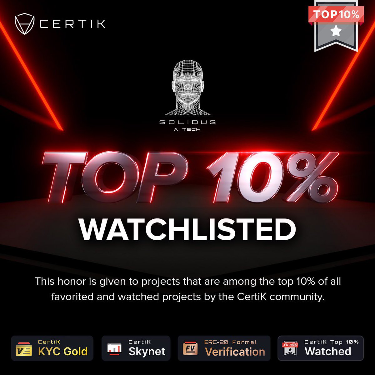 📣 $AITECH IS TOP 10% WATCHLISTED! 

CertiK has awarded $AITECH with 4 honorary badges, the latest one being 'Top 10% Watchlisted' which aligns with our growth in the past few weeks. 📈

Check it out yourself on: certik.com/projects/solid…