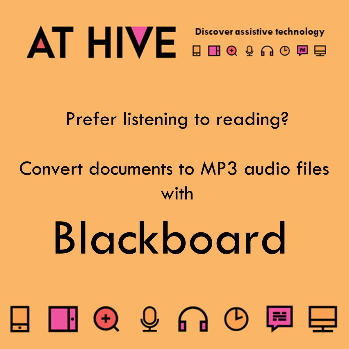 aheadireland's tweet photo. Do you prefer listening to reading? Did you know you can convert documents to mp3 audio files with Blackboard? The AHEAD #AThive is full of technologies both free and paid that can help you with work or learning tasks - https://t.co/vZuBt9BoTE https://t.co/Zy6HkslOEM