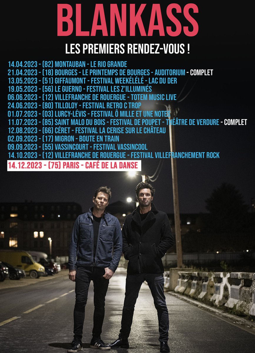 ✨TOURNÉE 2023-2024✨
➡ blankass.com
Ça y est, on vous dévoile les premiers rendez-vous de la tournée 2023-2024 de notre album "Si possible heureux" ! On espère vous y voir nombreux😀
D'autres dates sont à venir !

#sipossibleheureux